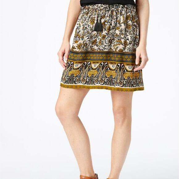 Garnet Hill Dresses & Skirts - Garnet Hill Paisley Floral Pull On Elastic Waist Skirt Mustard Black Size S Boho